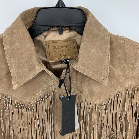 Blank NYC Jacket Fringe 100% Leather Almond Butter Brown Button Front - Picture 7 of 13